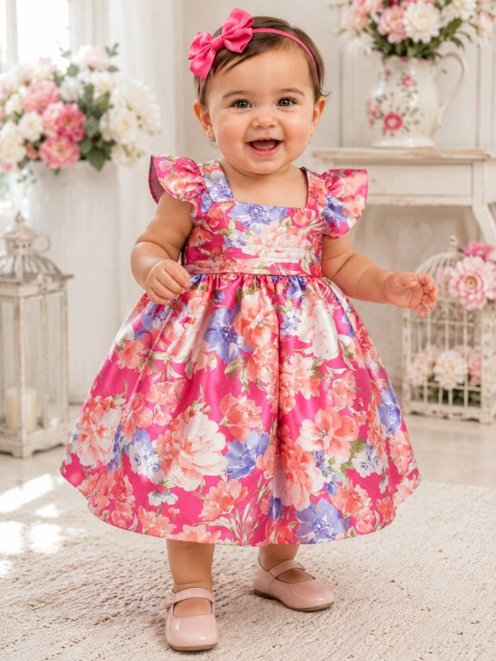 NWT Bonnie Baby 18M Pink Floral Satin Party Dress 2 Piece Set $58